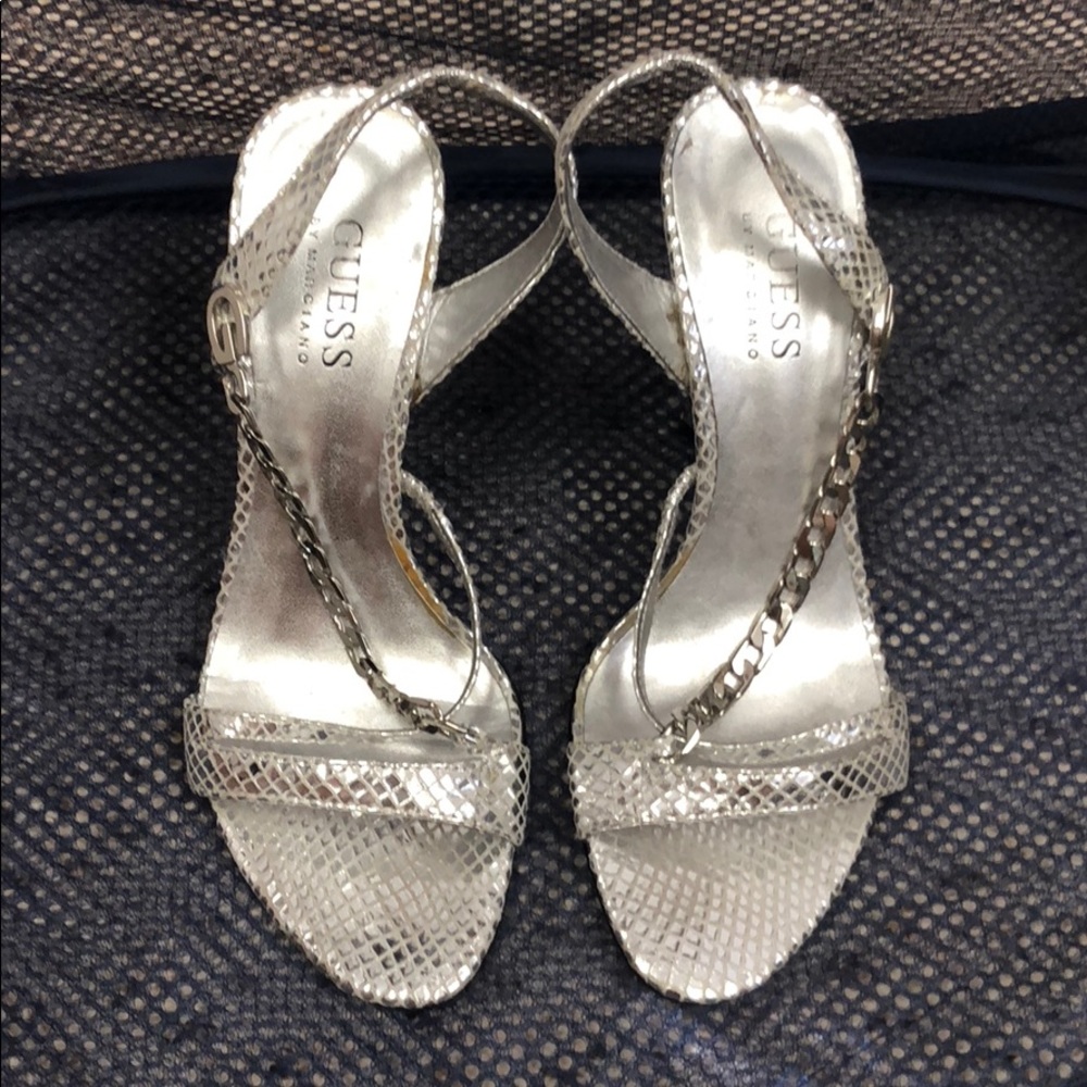 GUESS silver sandals high heels chains 5.5